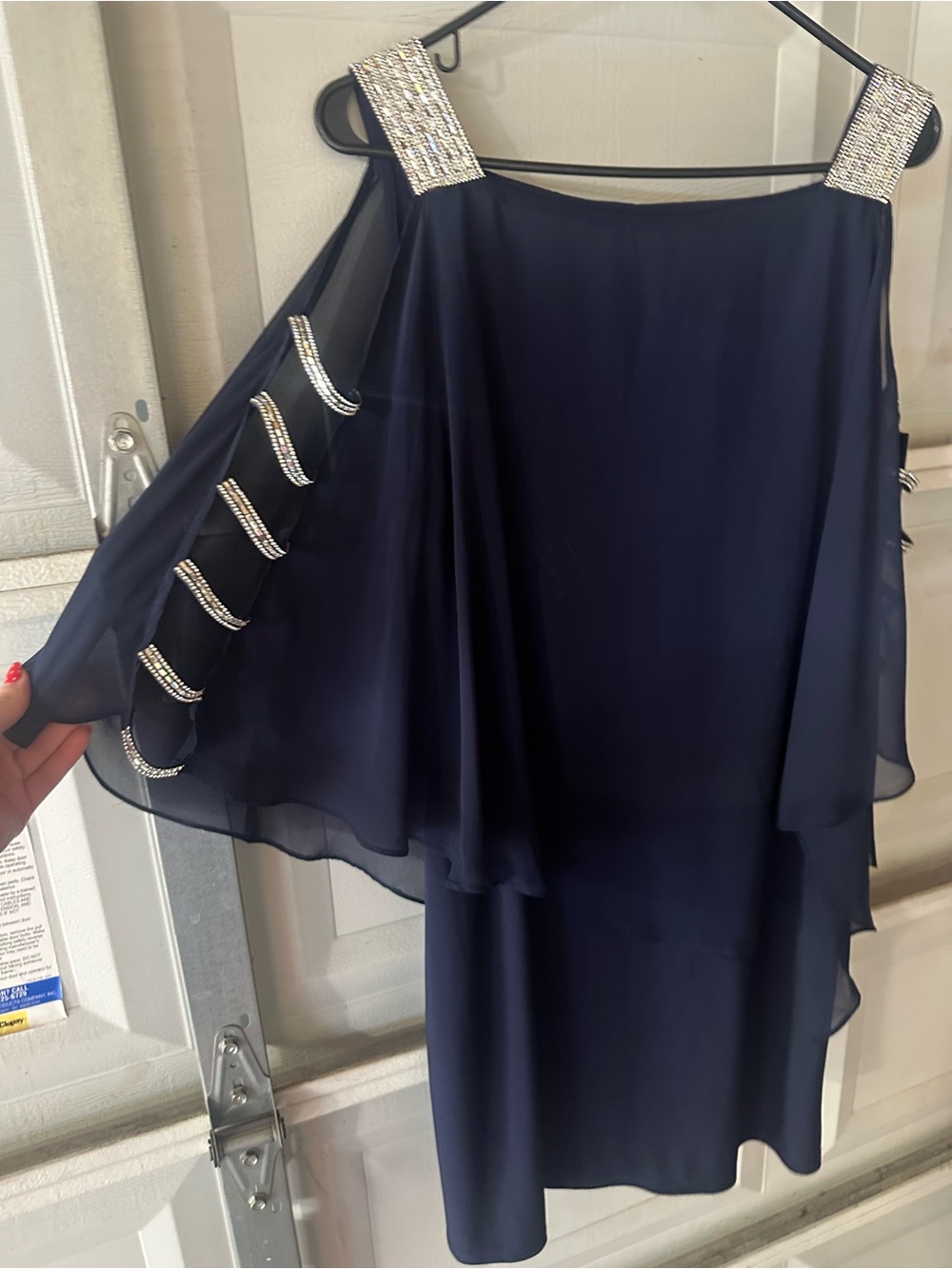 Macy's Navy Chiffon Dress with Rhinestone Loop Trim